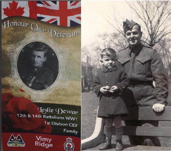 Two images of soldiers: one of a veteran of Vimy Ridge another of a WWII solider in Toronto with his three-year-old son in 1939.